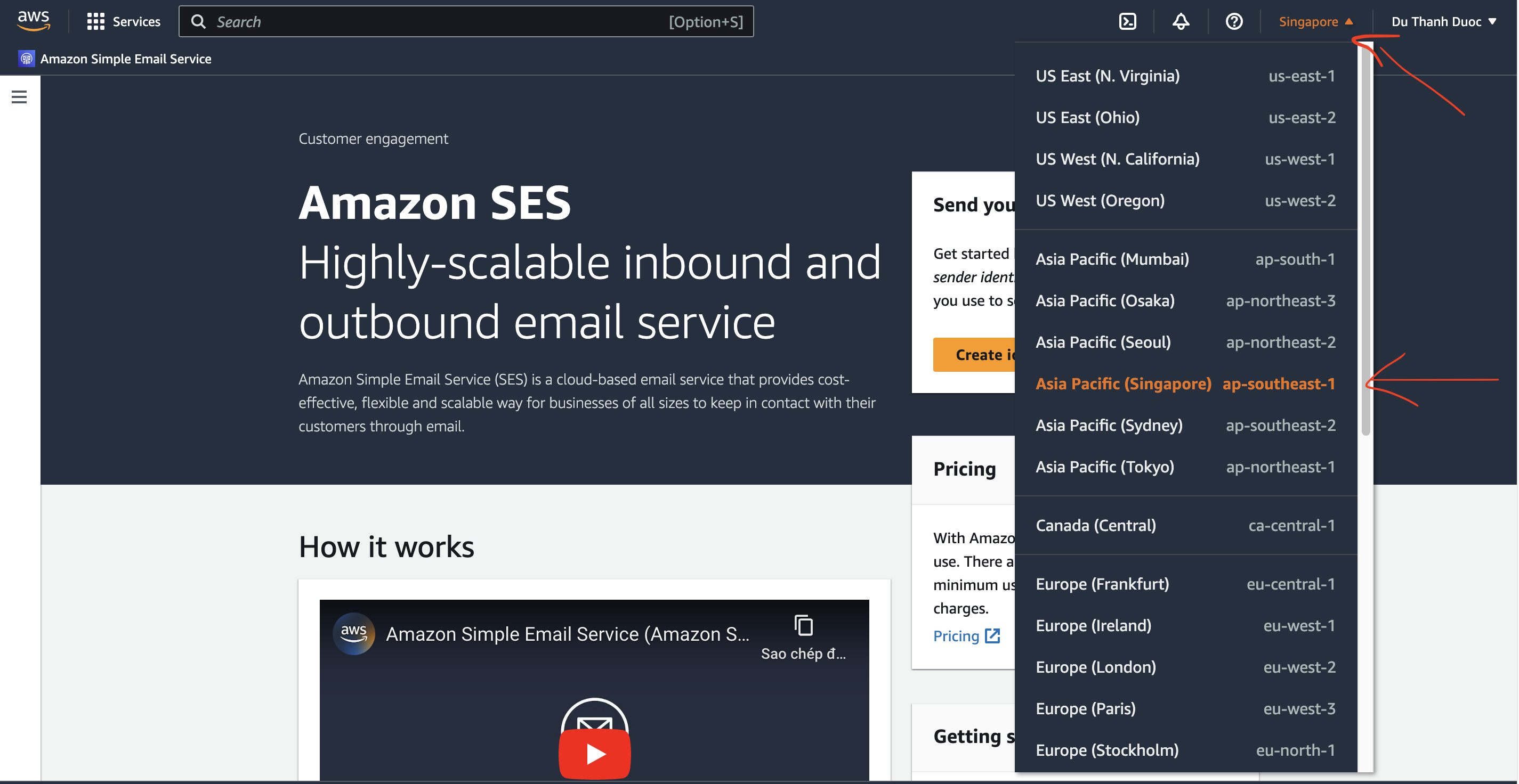 Chọn khu vực dịch vụ Amazon SES